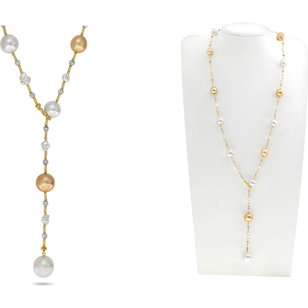 Roman & Jules - 18K Yellow and White Gold 32" Pearl Necklace with Natural Luster - 14mm to 10mm Pearls