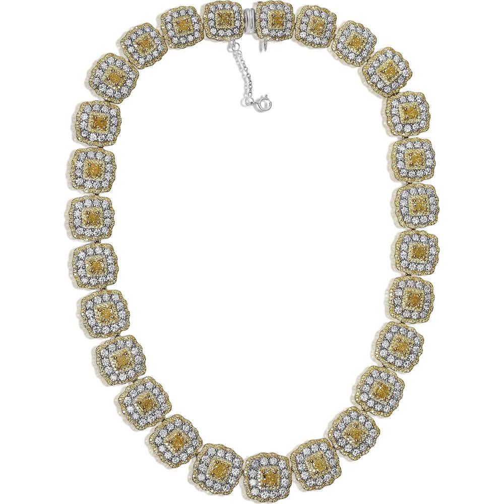 Roman & Jules - 18K Yellow and White Gold Cushion Fancy Yellow Diamond Necklace with Round Diamonds - 19.31 Carat Total Diamond Weight