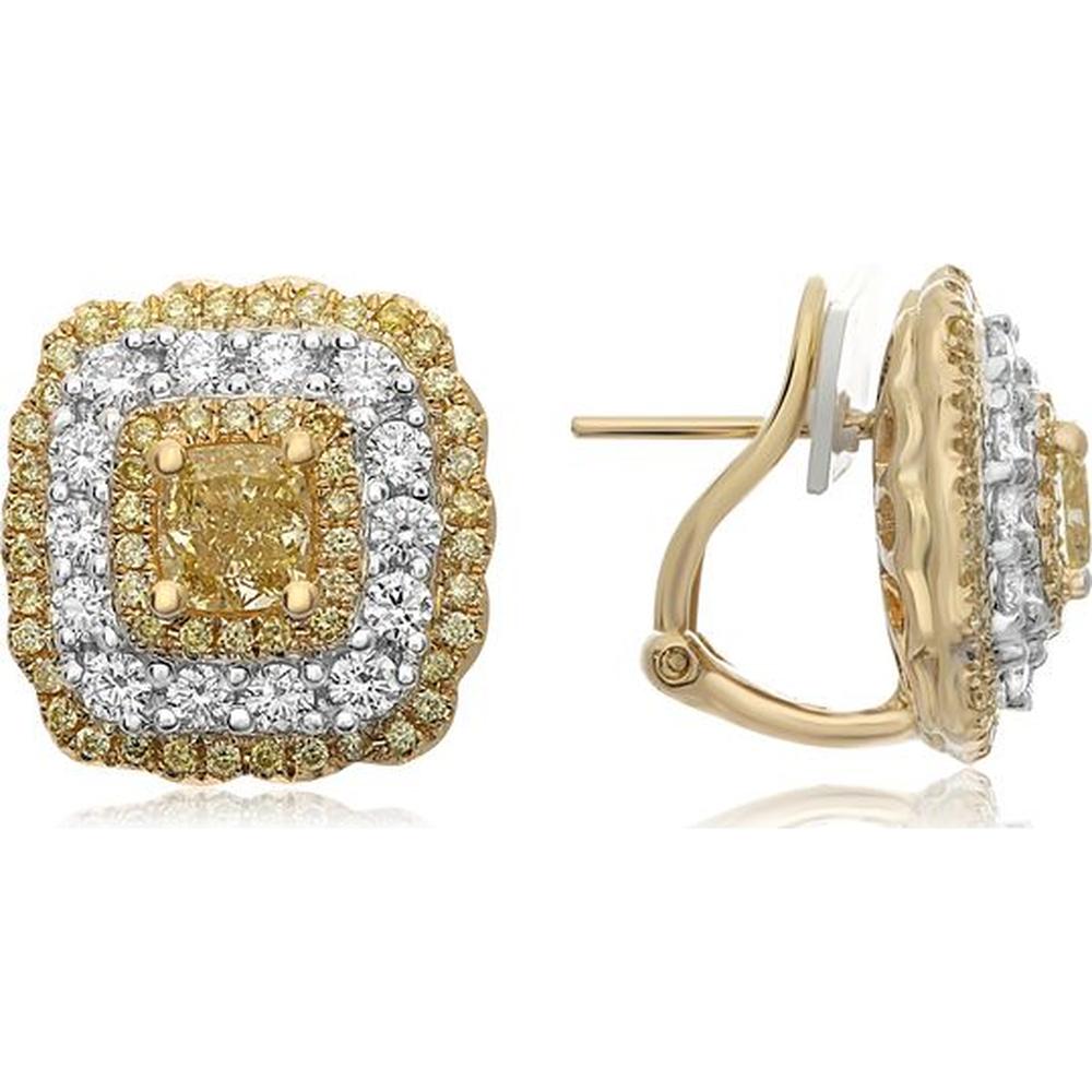 Roman & Jules - 18K Yellow and White Gold Cushion Fancy Yellow Diamond Stud Earrings - 1.38 Carat Total Diamond Weight