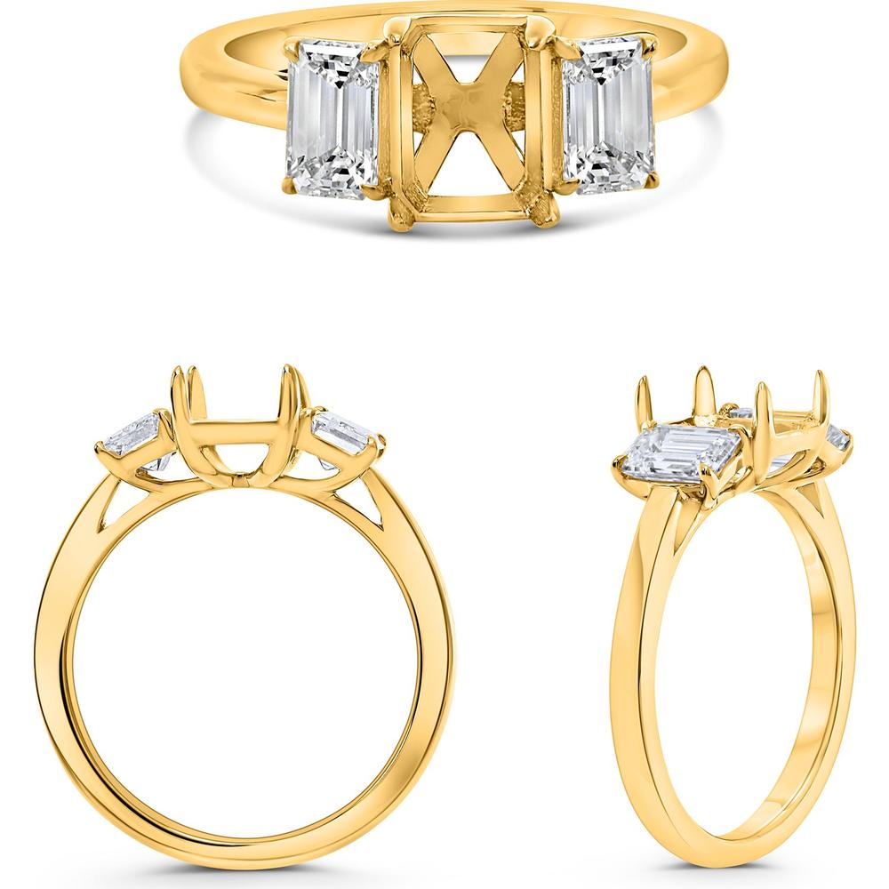 Roman & Jules - 18K Yellow Gold 3-Stone Semi-Mount Ring with Emerald Cut Diamonds - 1.03 Carat Total Diamond Weight