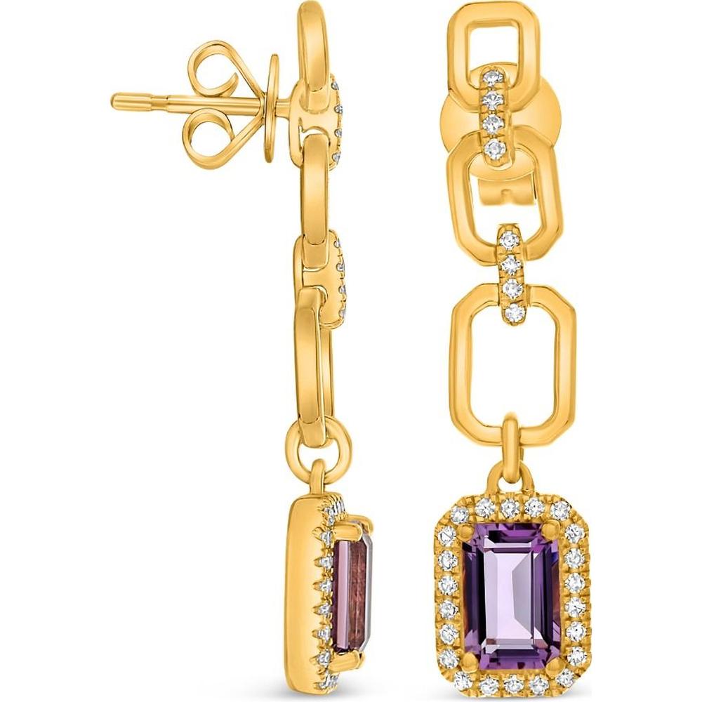 Roman & Jules - 18K Yellow Gold Amethyst Drop Earrings with Diamond Halo - 2.06 Carat Total Gem Weight