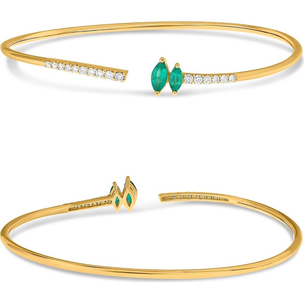 Roman & Jules - 18K Yellow Gold Bangle with Marquise Emeralds and Round White Diamonds - 0.70 Carat Total Gem Weight