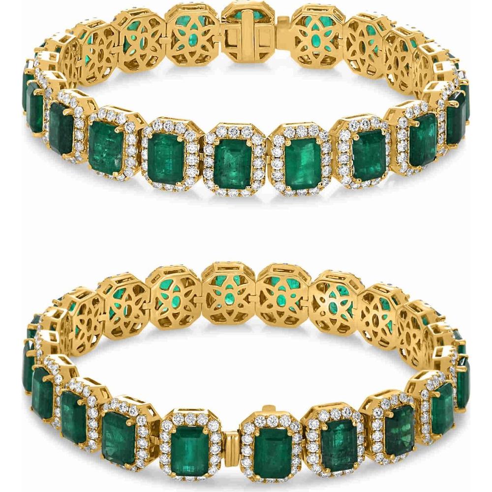 Roman & Jules - 18K Yellow Gold Bracelet with Halo Set Emeralds and Round Diamonds - 13.43 Carat Total Emerald Weight, 2.78 Carat Total Diamond Weight