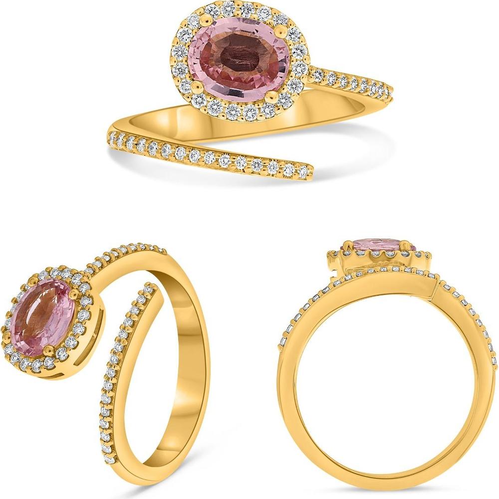 Roman & Jules - 18K Yellow Gold Bypass Ring with Oval Pink Sapphire and Round Diamond Halo - 1.09 Carat Total Gem Weight