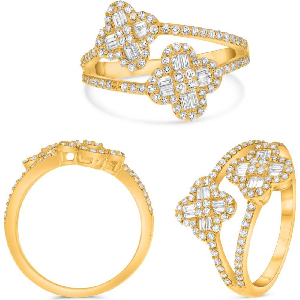 Roman & Jules - 18K Yellow Gold Clover Ring with Round and Baguette Diamonds - 0.60 Carat Total Diamond Weight