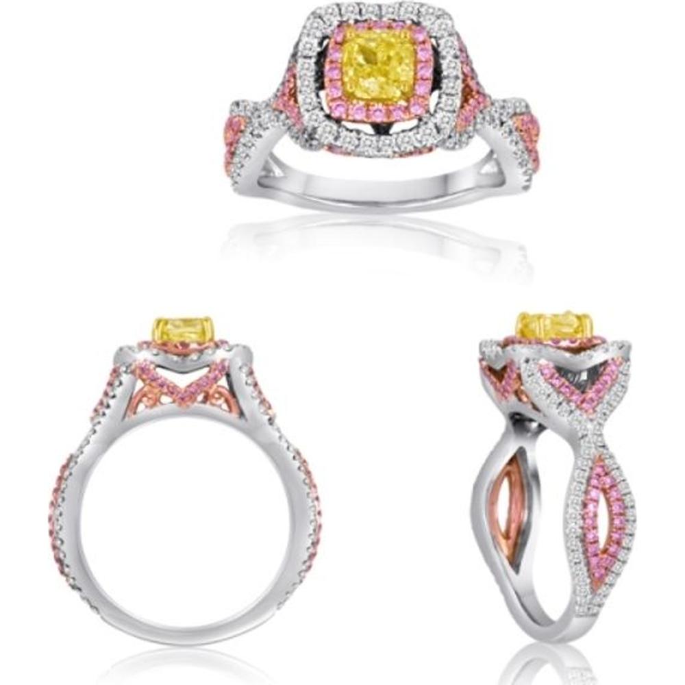 Roman & Jules - 18K Yellow Gold Cushion Cut Fancy Yellow Diamond Ring with Pink and Round Diamonds - 1.59 Carat Total Diamond Weight