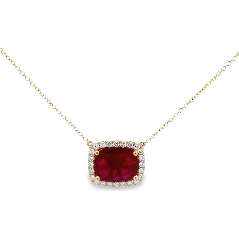 Roman & Jules - 18K Yellow Gold Cushion Cut Ruby Necklace with Round Diamond Halo - 2.58 Carat Total Ruby Weight, 0.29 Carat Total Diamond Weight