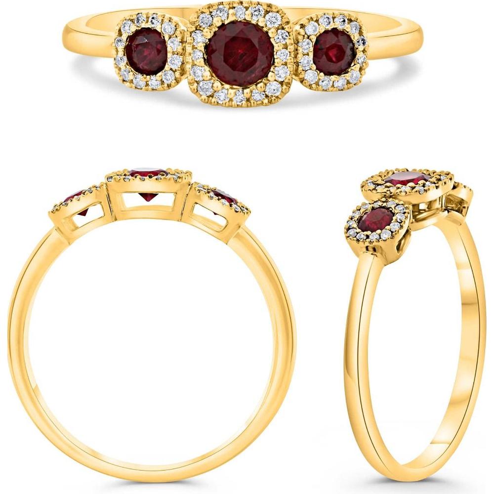 Roman & Jules - 18K Yellow Gold Cushion Cut Ruby Ring with Round Diamond Halo - 0.38 Carat Total Diamond Weight