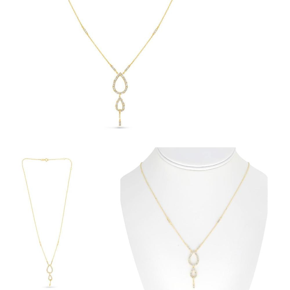 Roman & Jules - 18K Yellow Gold Double Pear Drop Necklace with Round and Baguette Diamonds - 0.45 Carat Total Diamond Weight
