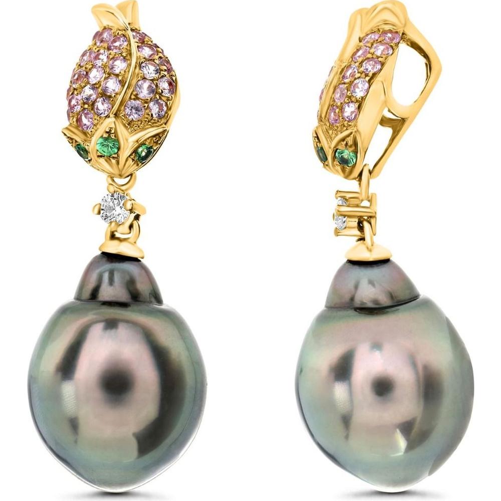 Roman & Jules - 18K Yellow Gold Drop Earrings with Pink Sapphires, Tsavorites, and Pearls - 0.43 Carat Total Gem Weight