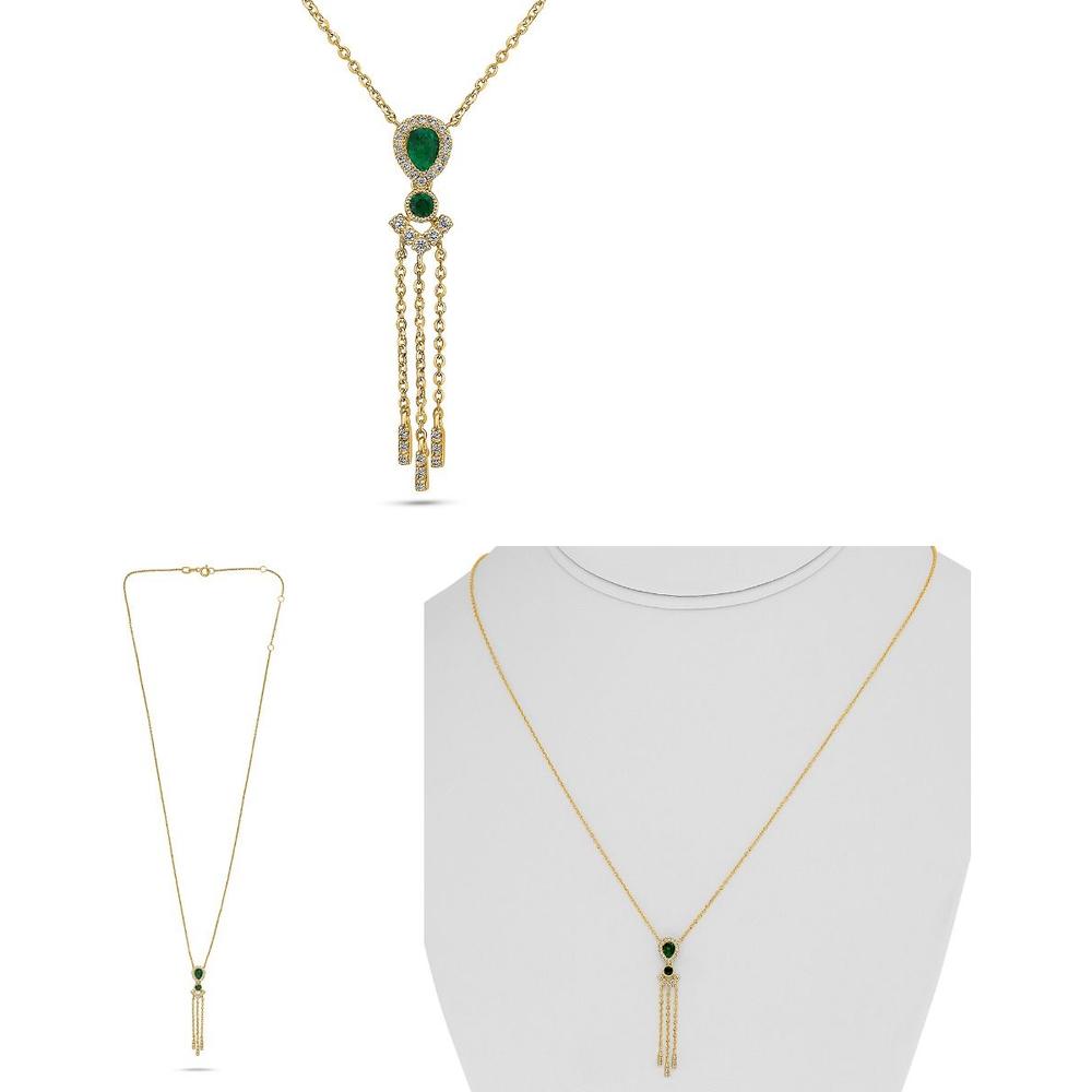 Roman & Jules - 18K Yellow Gold Drop Necklace with Emerald and Diamond Pendant - 0.14 Carat Emerald, 0.10 Carat Diamond