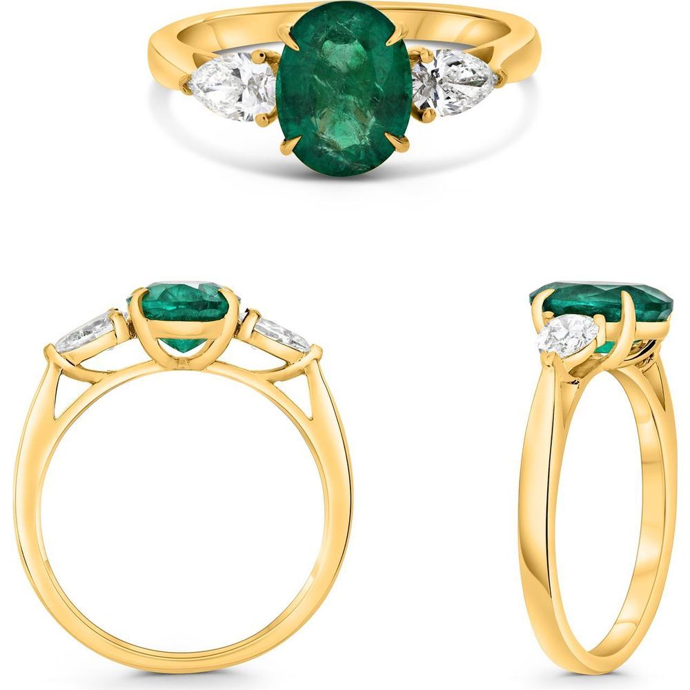 Roman & Jules - 18K Yellow Gold Emerald and Diamond 3-Stone Ring with 1.53 Carat Emerald and Pear-Shaped Diamonds