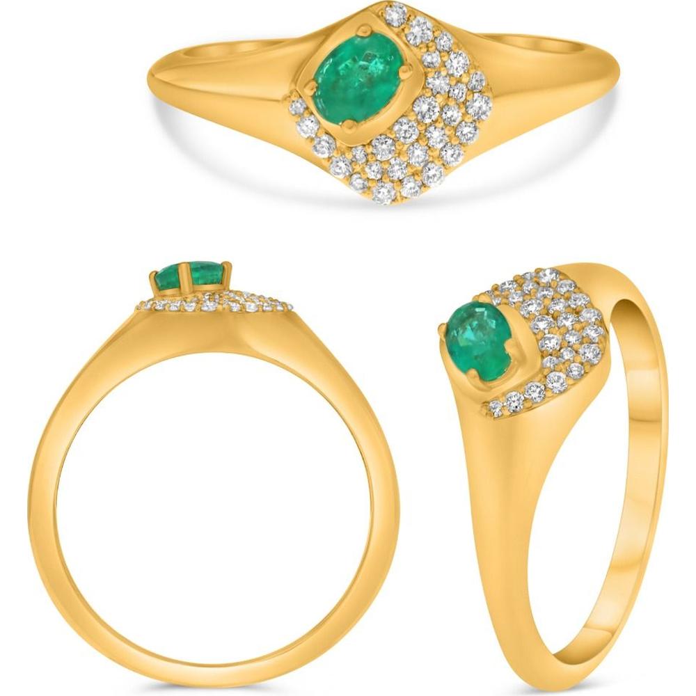 Roman & Jules - 18K Yellow Gold Emerald and Diamond Cluster Ring - 0.16 Carat Emerald, 0.11 Carat Total Diamond Weight