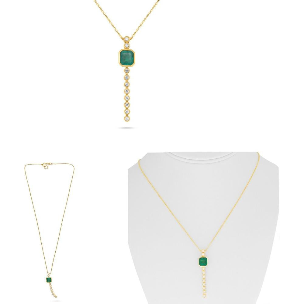Roman & Jules - 18K Yellow Gold Emerald Cut Emerald and Diamond Drop Necklace - 1.62 Carat Total Emerald Weight, 0.38 Carat Total Diamond Weight