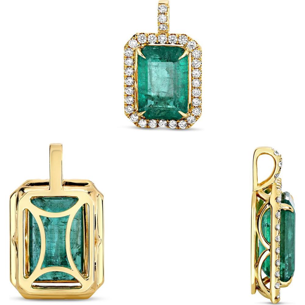 Roman & Jules - 18K Yellow Gold Emerald Cut Emerald Pendant with Diamond Halo - 6.34 Carat GIA Certified Emerald, 0.61 Carat Total Diamond Weight