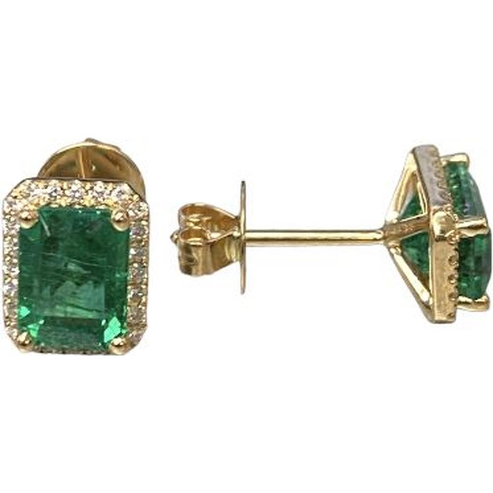 Roman & Jules - 18K Yellow Gold Emerald Cut Emerald Stud Earrings with Round Diamond Halo - 1.62 Carat Total Emerald Weight