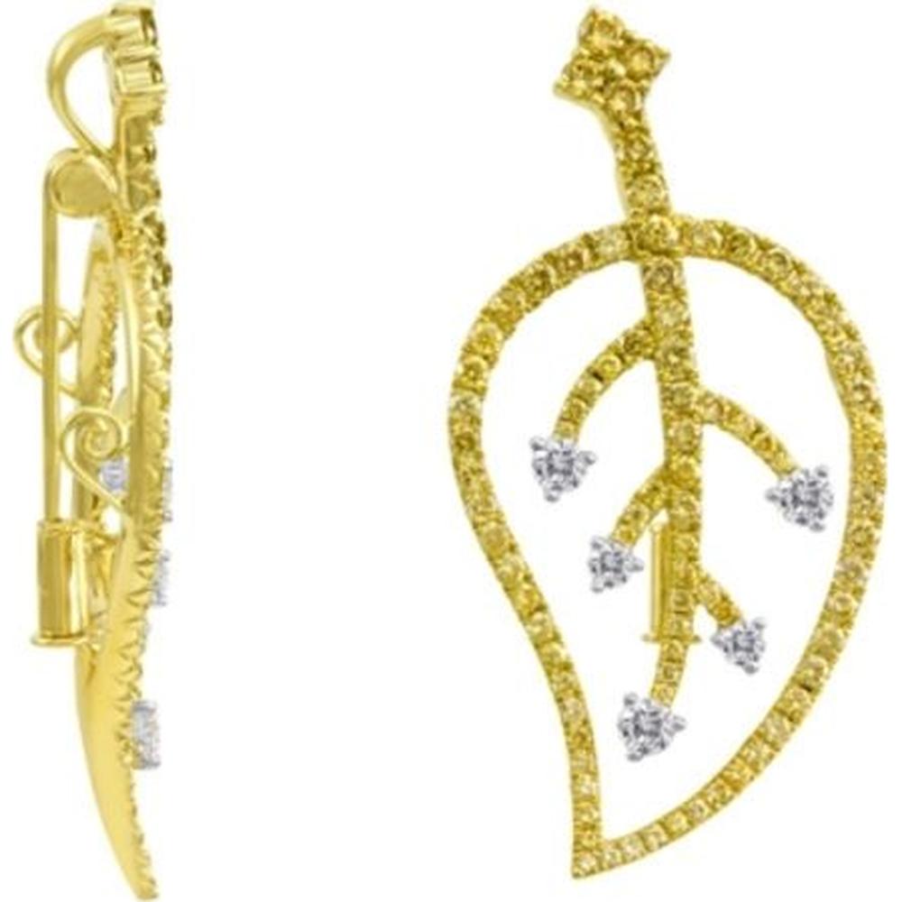 Roman & Jules - 18K Yellow Gold Fancy Yellow Diamond Leaf Earrings with Round Diamonds - 0.68 Carat Total Diamond Weight