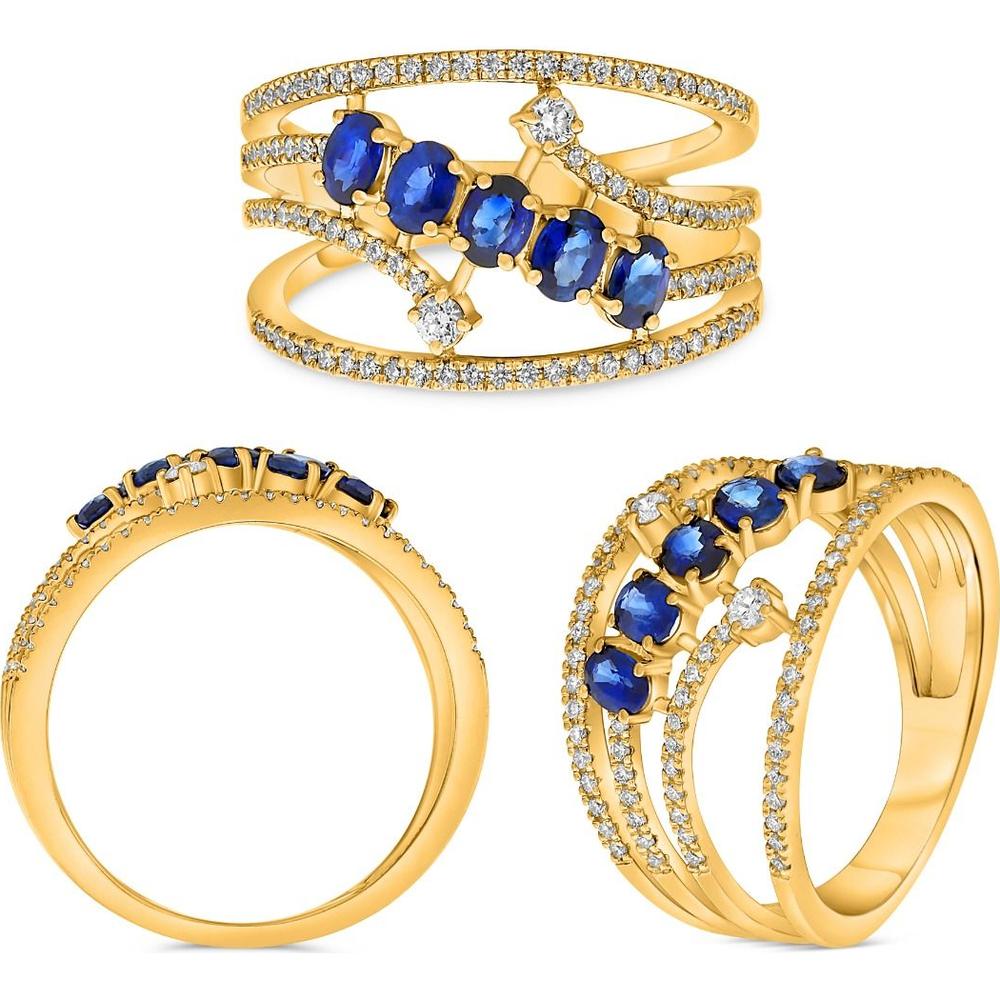 Roman & Jules - 18K Yellow Gold Five Oval Sapphire Ring with Round Diamond Accents - 1.05 Carat Total Sapphire Weight