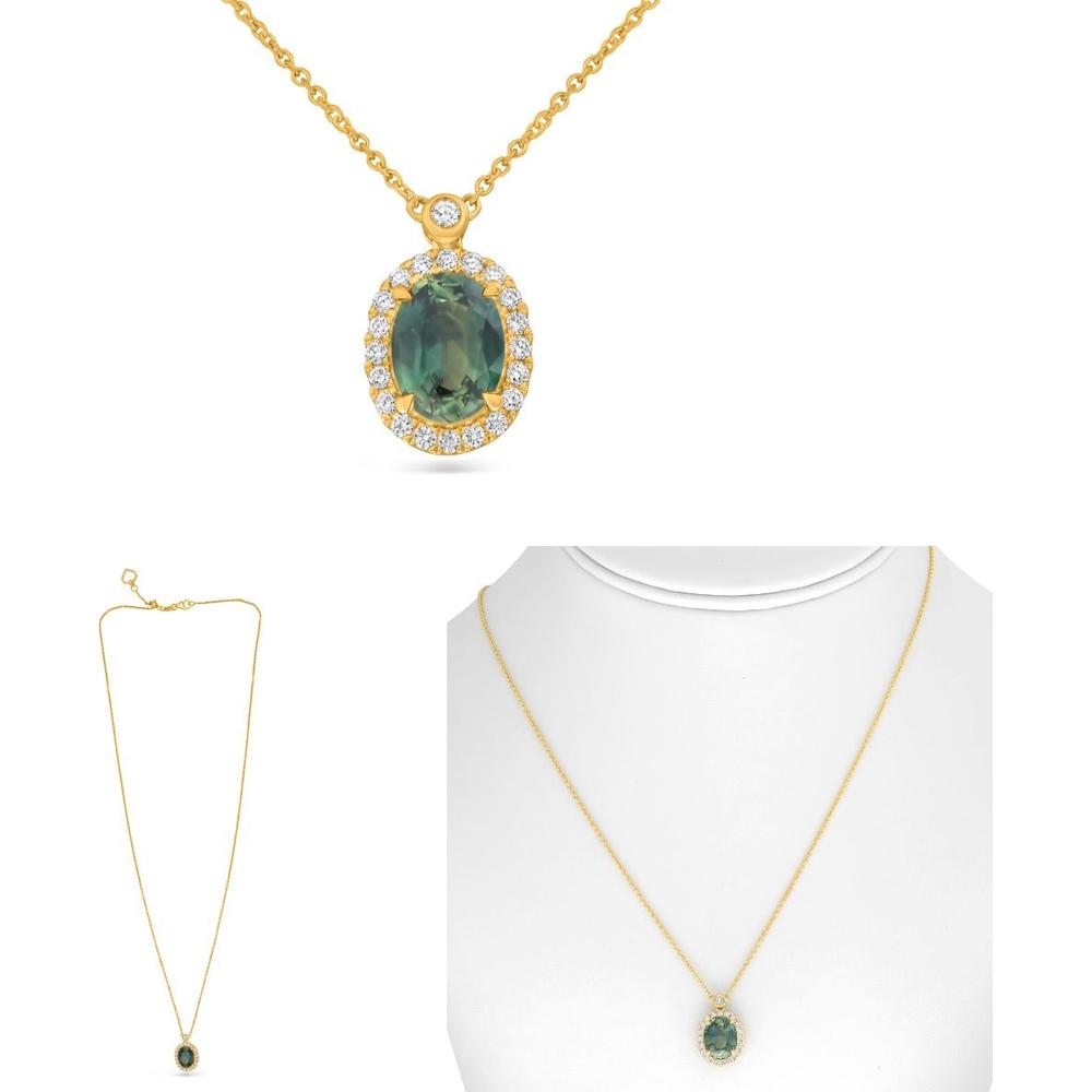 Roman & Jules - 18K Yellow Gold Green Sapphire Oval Necklace with Round Diamond Halo - 2.31 Carat Total Sapphire Weight