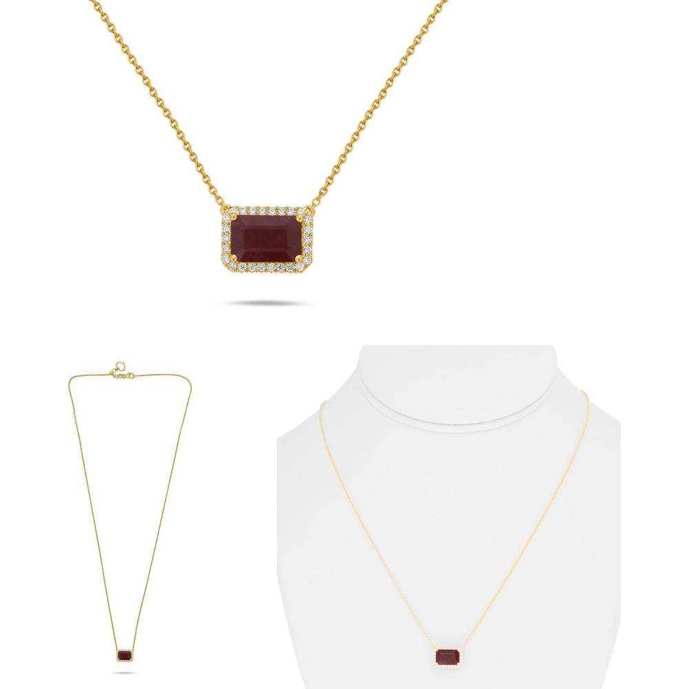 Roman & Jules - 18K Yellow Gold Halo Emerald Cut Ruby Necklace with Round Diamonds - 2.75 Carat Total Ruby Weight