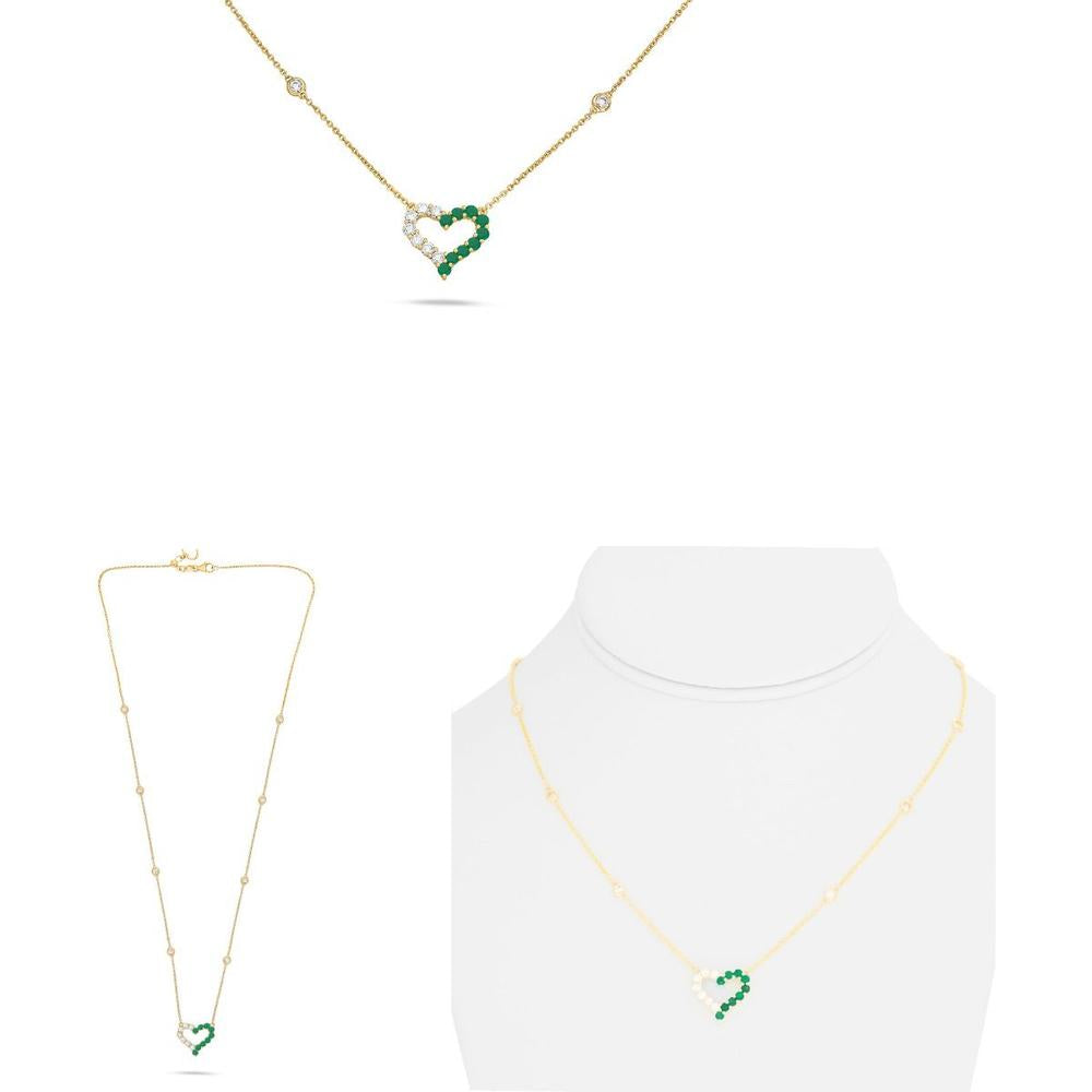 Roman & Jules - 18K Yellow Gold Heart Necklace with Diamond and Emerald Pendant - 0.62 Carat Total Diamond Weight, 0.34 Carat Emerald Weight