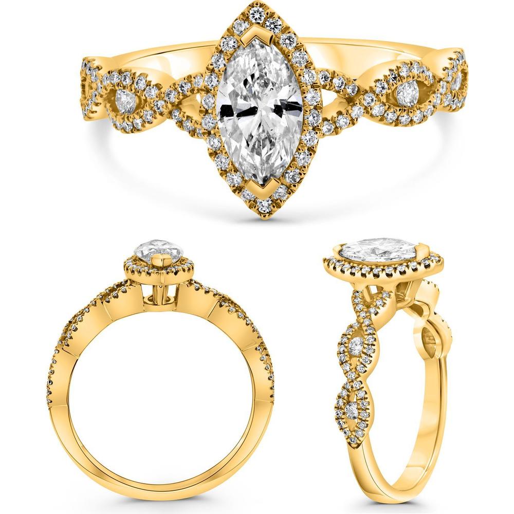 Roman & Jules - 18K Yellow Gold Marquise Diamond Ring with Halo and Twist Shank Design - 0.89 Carat Total Diamond Weight
