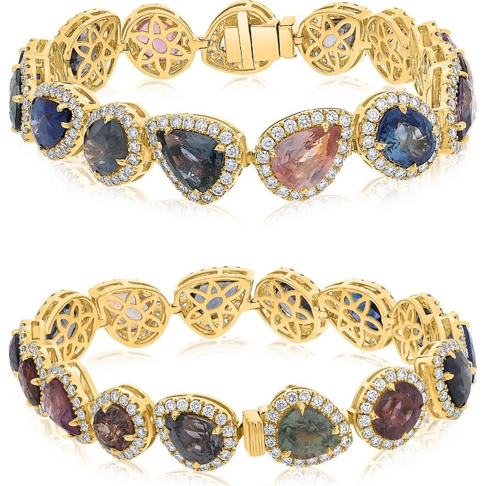 Roman & Jules - 18K Yellow Gold Multi-Shape Sapphire Bracelet with Diamond Halo - 31.21 Carat Total Sapphire Weight