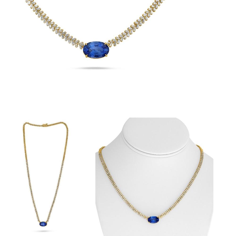 Roman & Jules - 18K Yellow Gold Necklace with 4.91 Carat Natural Blue Sapphire and 2.39 Carat Baguette Diamonds