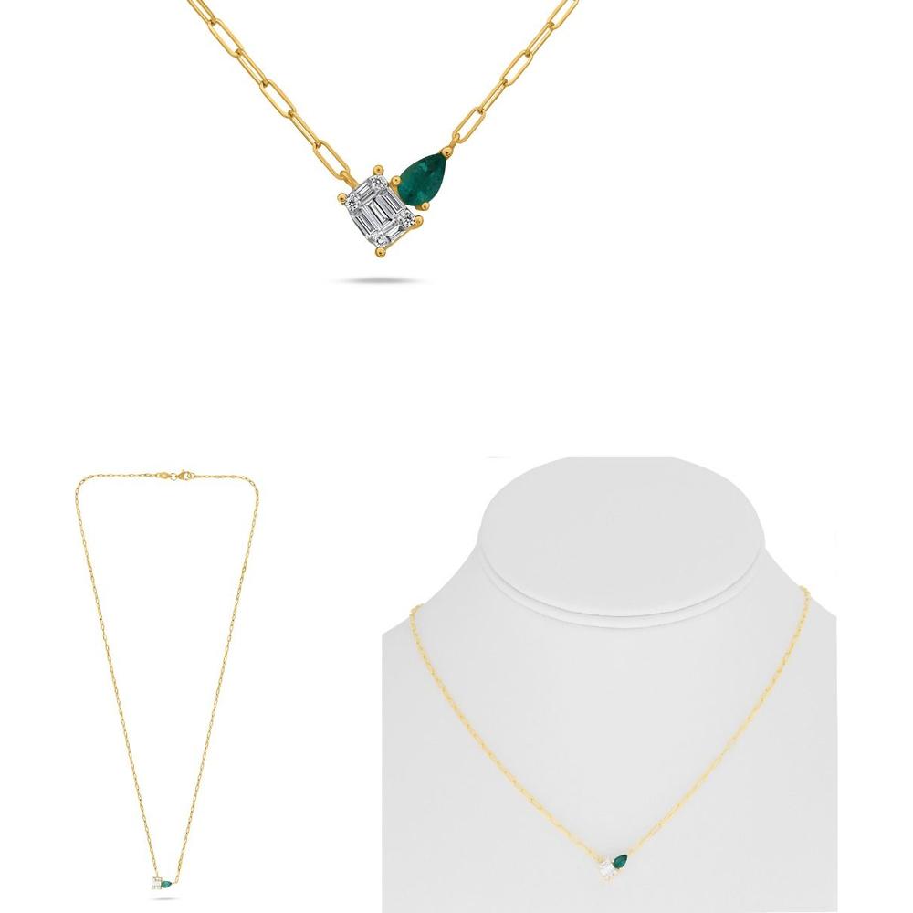 Roman & Jules - 18K Yellow Gold Necklace with Pear Drop Emerald and Baguette Diamond Accents - 0.16 Carat Emerald, 0.11 Carat Total Diamond Weight