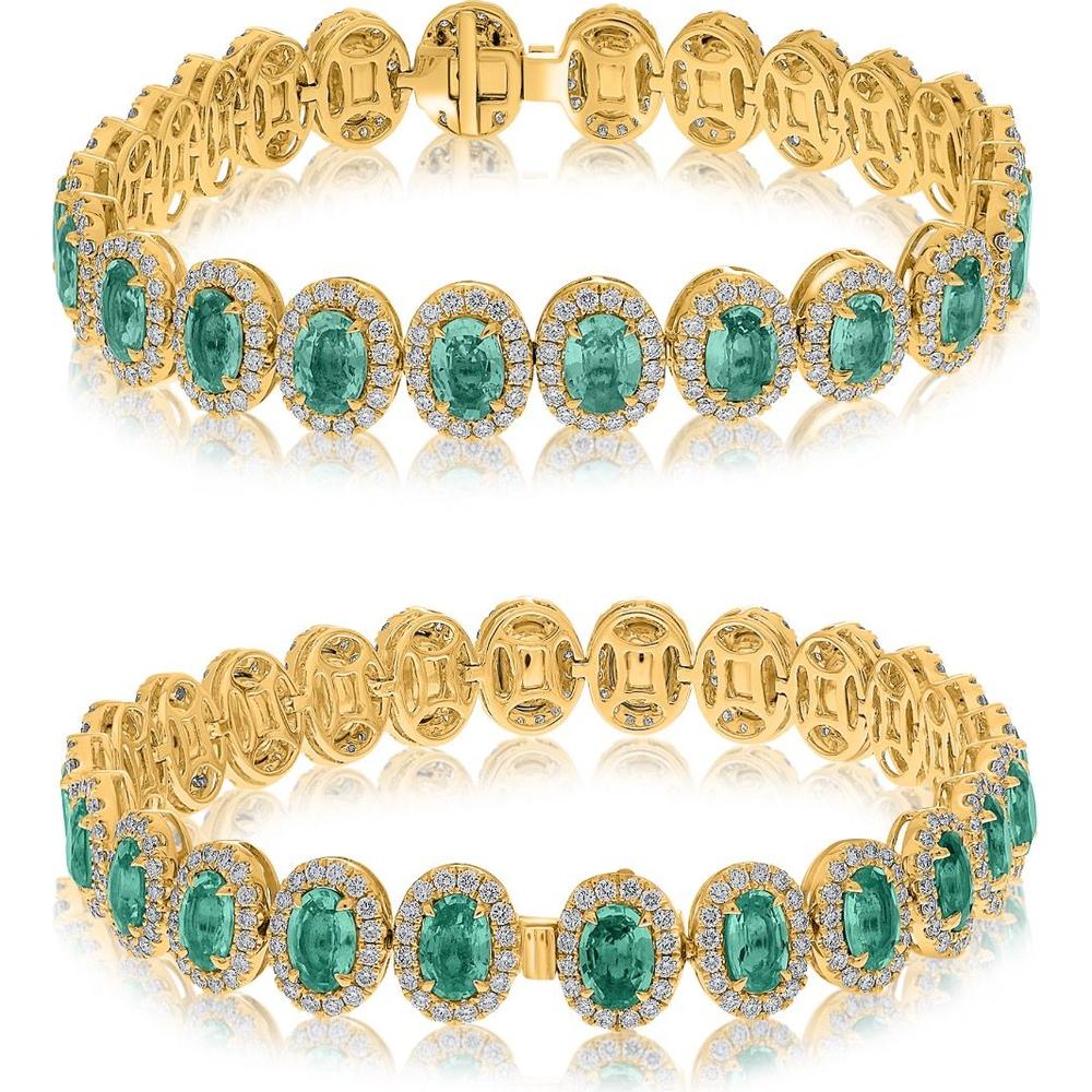Roman & Jules - 18K Yellow Gold Oval Emerald Bracelet with Diamond Halo - 10.50 Carat Emerald, 2.78 Carat Total Diamond Weight