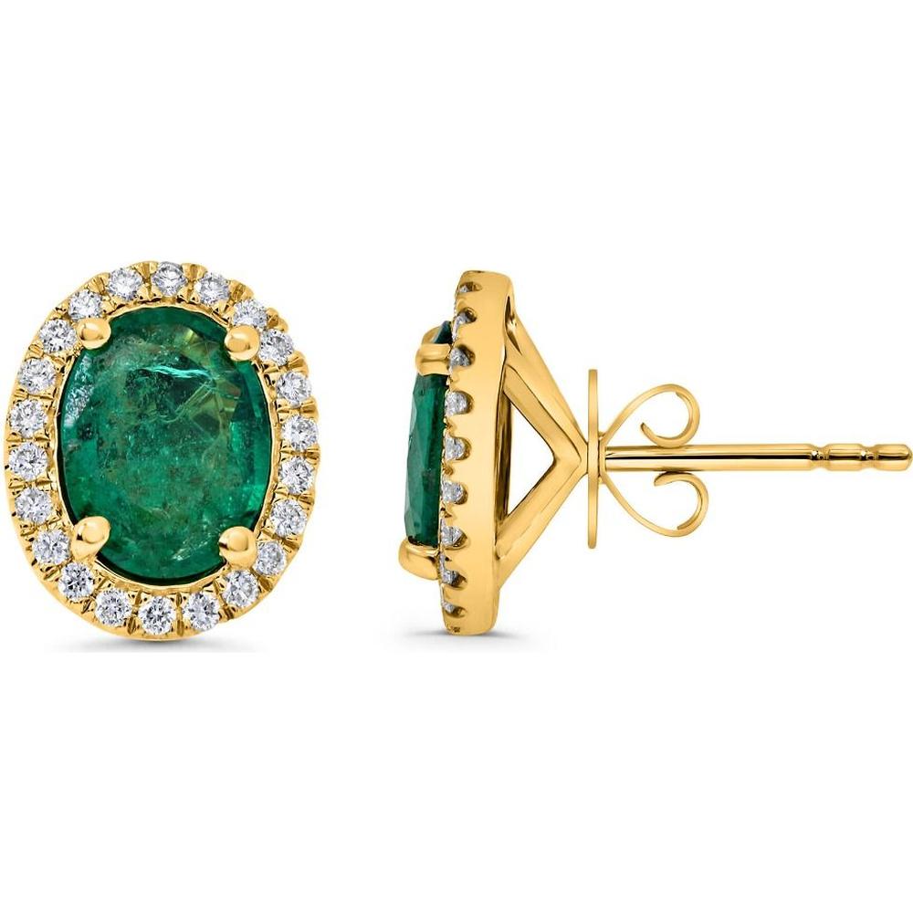 Roman & Jules - 18K Yellow Gold Oval Emerald Halo Stud Earrings with Round Diamonds - 2.26 Carat Total Emerald Weight