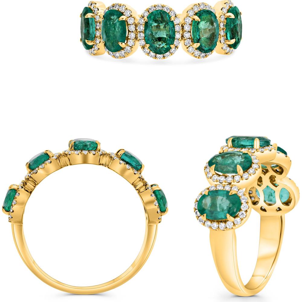 Roman & Jules - 18K Yellow Gold Oval Emerald Ring with Diamond Halo - 2.10 Carat Total Emerald Weight, 0.35 Carat Total Diamond Weight