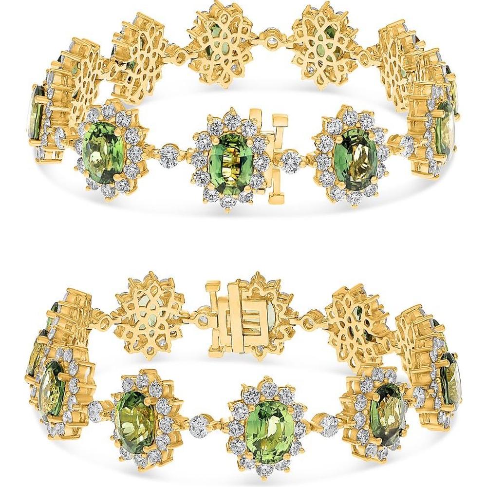 Roman & Jules - 18K Yellow Gold Oval Green Sapphire Bracelet with Round Diamonds - 6.60 Carat Total Diamond Weight
