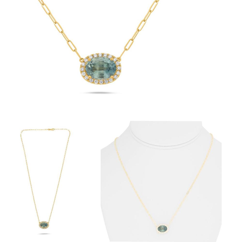Roman & Jules - 18K Yellow Gold Oval Greenish Yellow Sapphire Necklace with Diamond Halo - 1.72 Carat Sapphire