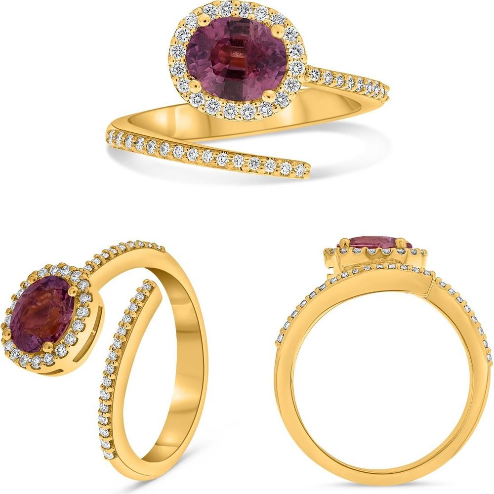 Roman & Jules - 18K Yellow Gold Oval Pink Sapphire Halo Bypass Ring with Round Diamonds - 0.22 Carat Total Diamond Weight