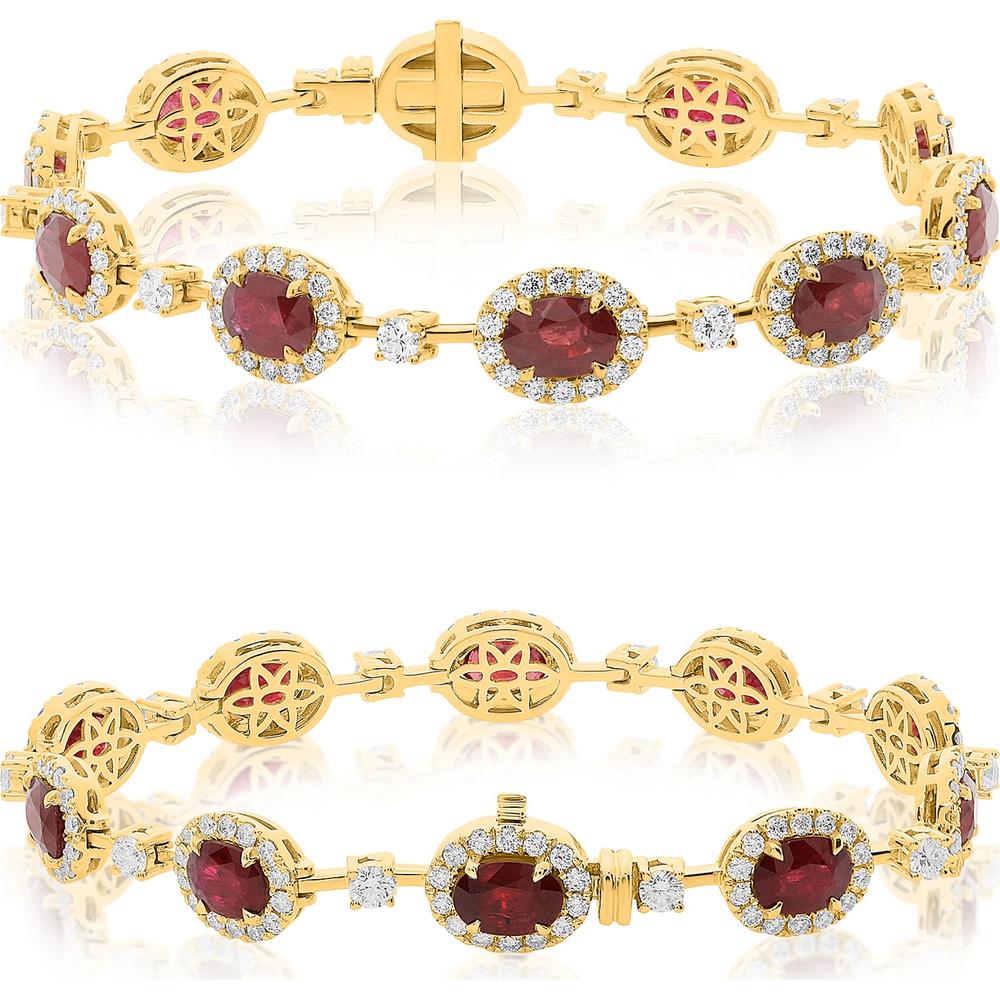 Roman & Jules - 18K Yellow Gold Oval Ruby Bracelet with Halo Round Diamonds - 2.00 Carat Total Ruby Weight, 0.86 Carat Total Diamond Weight