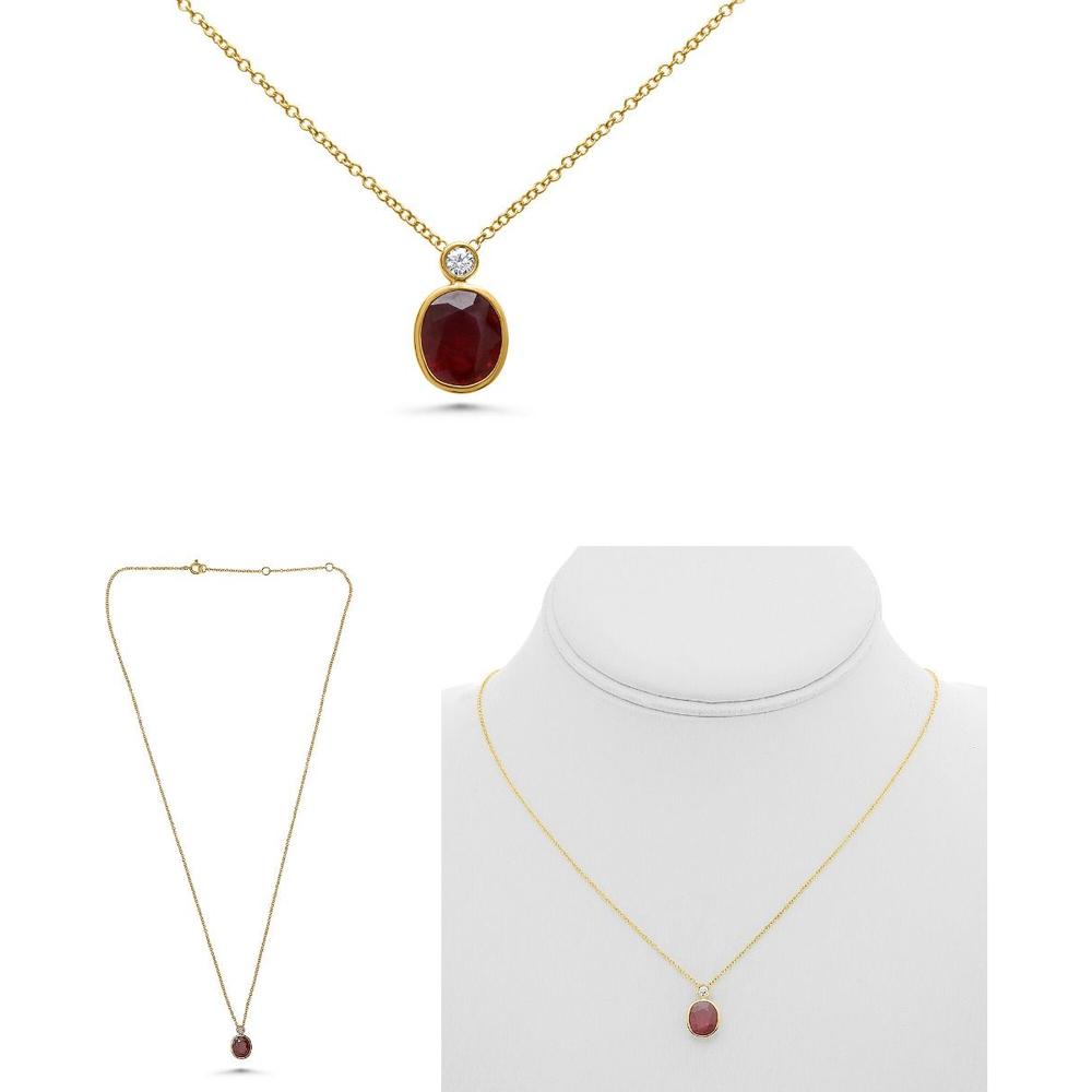 Roman & Jules - 18K Yellow Gold Oval Ruby Necklace with Bezel Set Round Diamond - 1.74 Carat Total Gem Weight