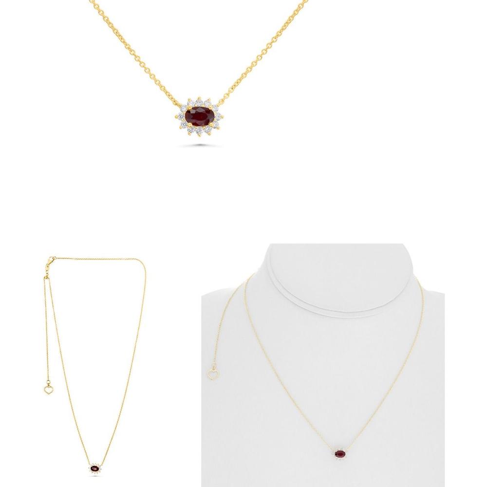 Roman & Jules - 18K Yellow Gold Oval Ruby Necklace with Halo of Round Diamonds - 0.50 Carat Ruby & 0.20 Carat Diamond Total Weight