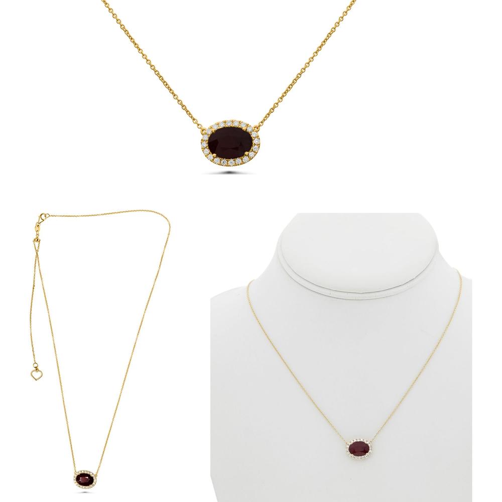 Roman & Jules - 18K Yellow Gold Oval Ruby Necklace with Halo Round Diamonds - 1.86 Carat Total Ruby Weight