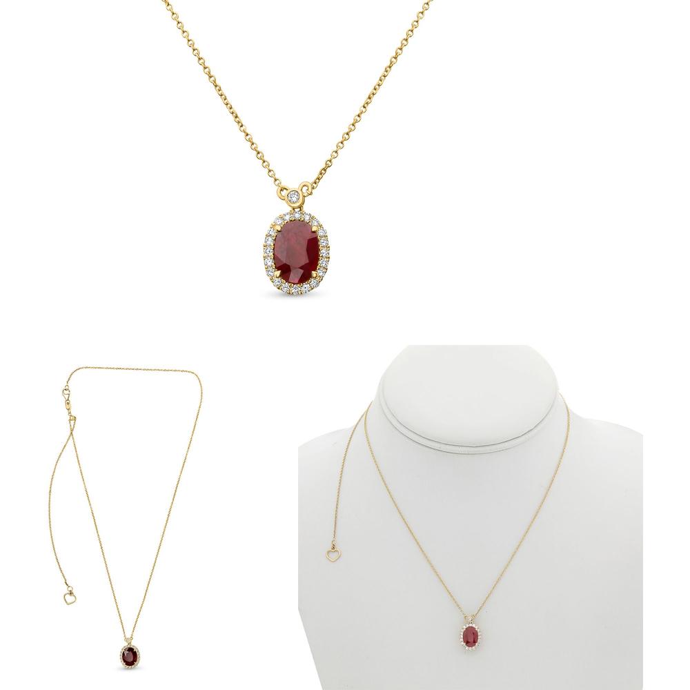 Roman & Jules - 18K Yellow Gold Oval Ruby Pendant Necklace with Halo of Round Diamonds - 1.90 Carat Ruby, 0.23 Carat Diamond Total Weight