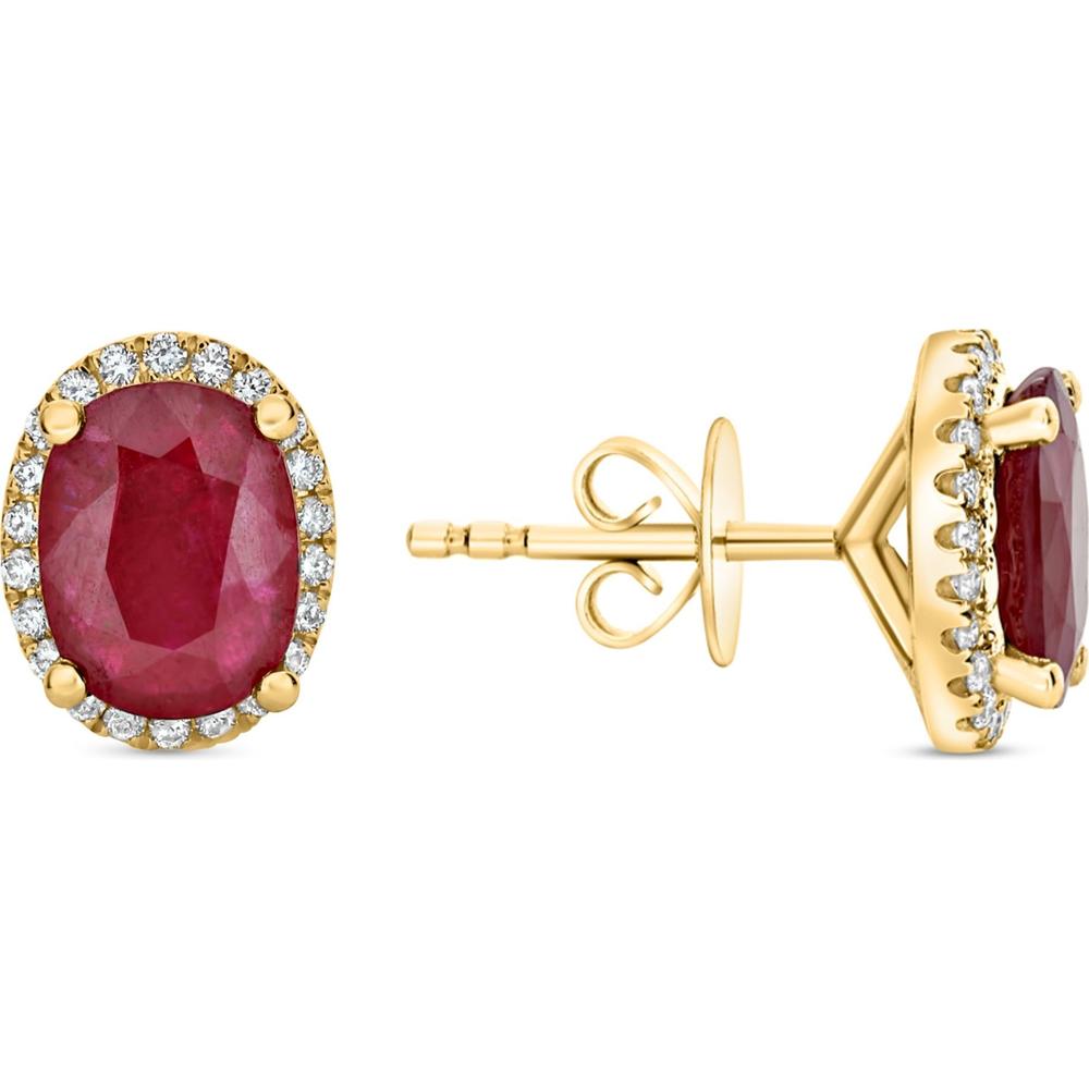 Roman & Jules - 18K Yellow Gold Oval Ruby Stud Earrings with Halo of Round Diamonds - 4.92 Carat Total Ruby Weight, 0.46 Carat Total Diamond Weight