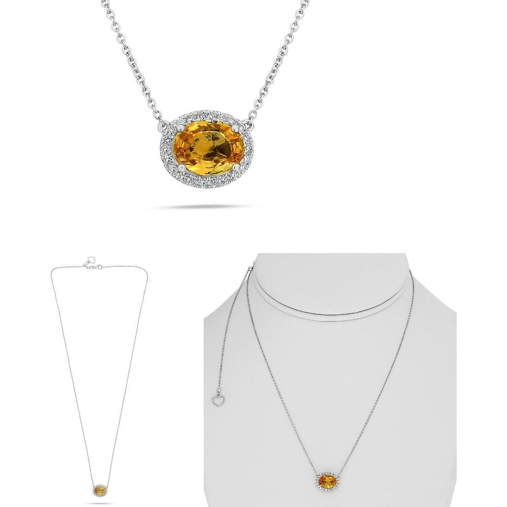 Roman & Jules - 18K Yellow Gold Oval Yellow Sapphire Necklace with Round Diamond Halo - 1.46 Carat Total Gem Weight