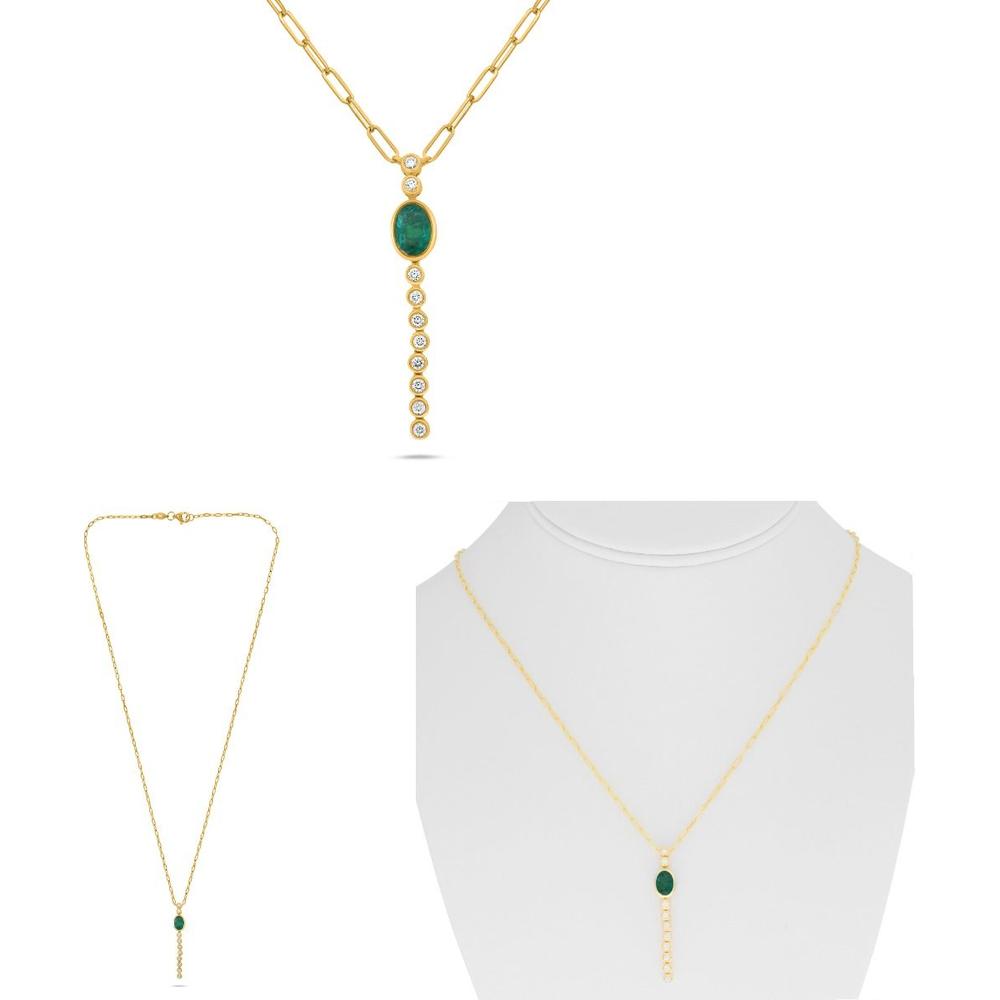 Roman & Jules - 18K Yellow Gold Paper Clip Chain Necklace with Oval Bezel Set Emerald and Round Diamonds - 0.63 Carat Emerald, 0.25 Carat Total Diamond Weight
