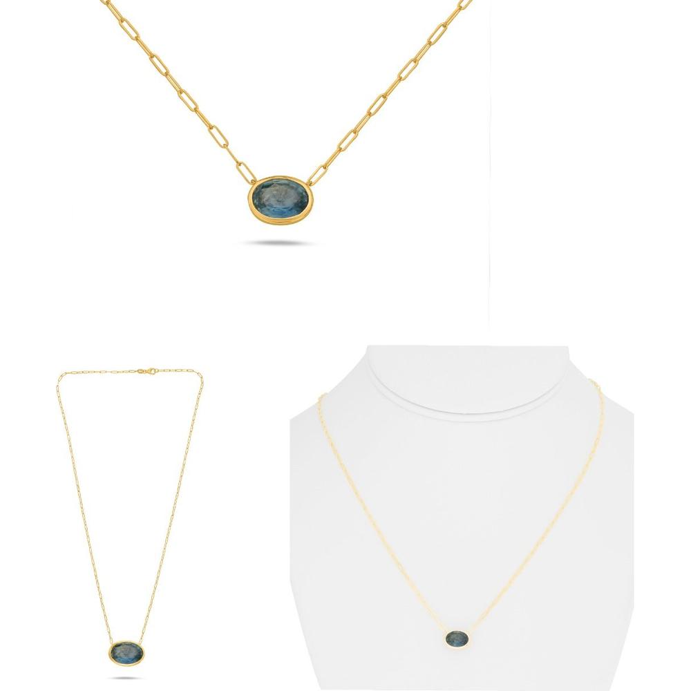 Roman & Jules - 18K Yellow Gold Paper Clip Chain Necklace with Oval Green Sapphire - 0.85 Carat Total Sapphire Weight