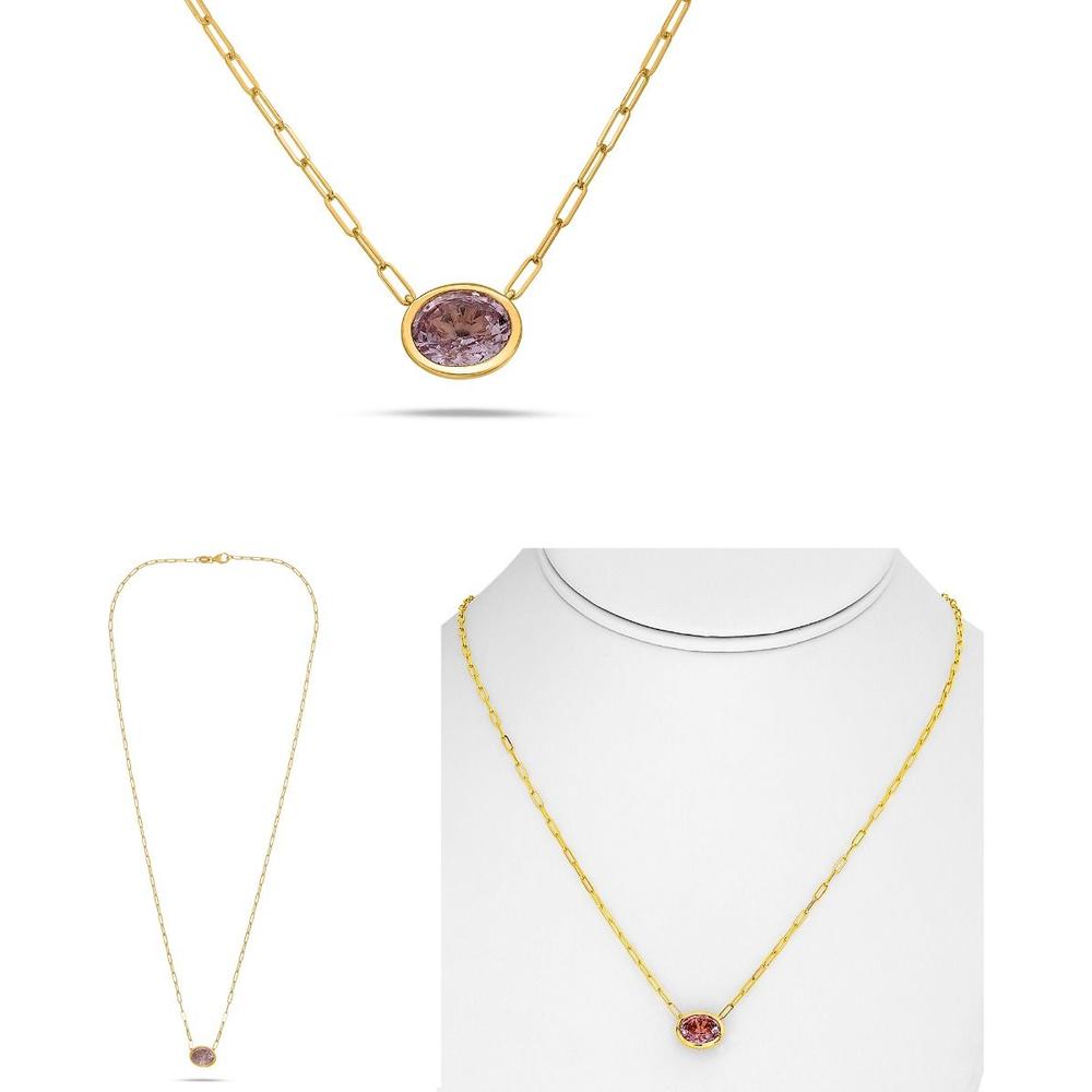 Roman & Jules - 18K Yellow Gold Paper Clip Necklace with Oval GIA Certified Pink Sapphire - 2.05 Carat Total Sapphire Weight