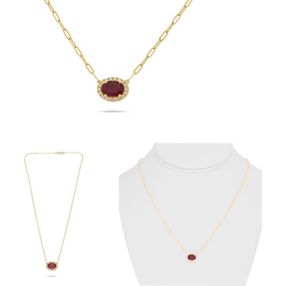 Roman & Jules - 18K Yellow Gold Paper Clip Necklace with Oval Ruby and Diamond Halo - 1.46 Carat Total Ruby Weight