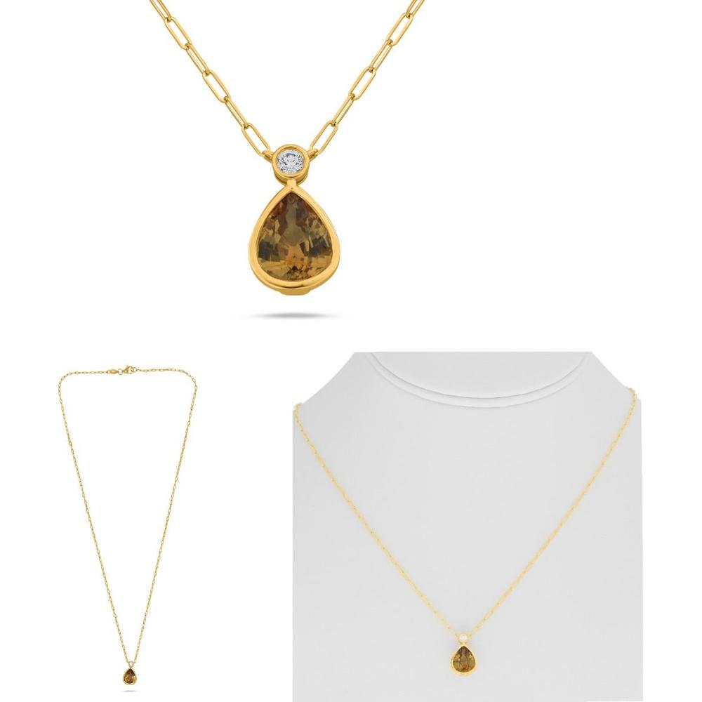 Roman & Jules - 18K Yellow Gold Paperclip Chain Necklace with Pear Shape Yellow Sapphire and Round Diamond Accent