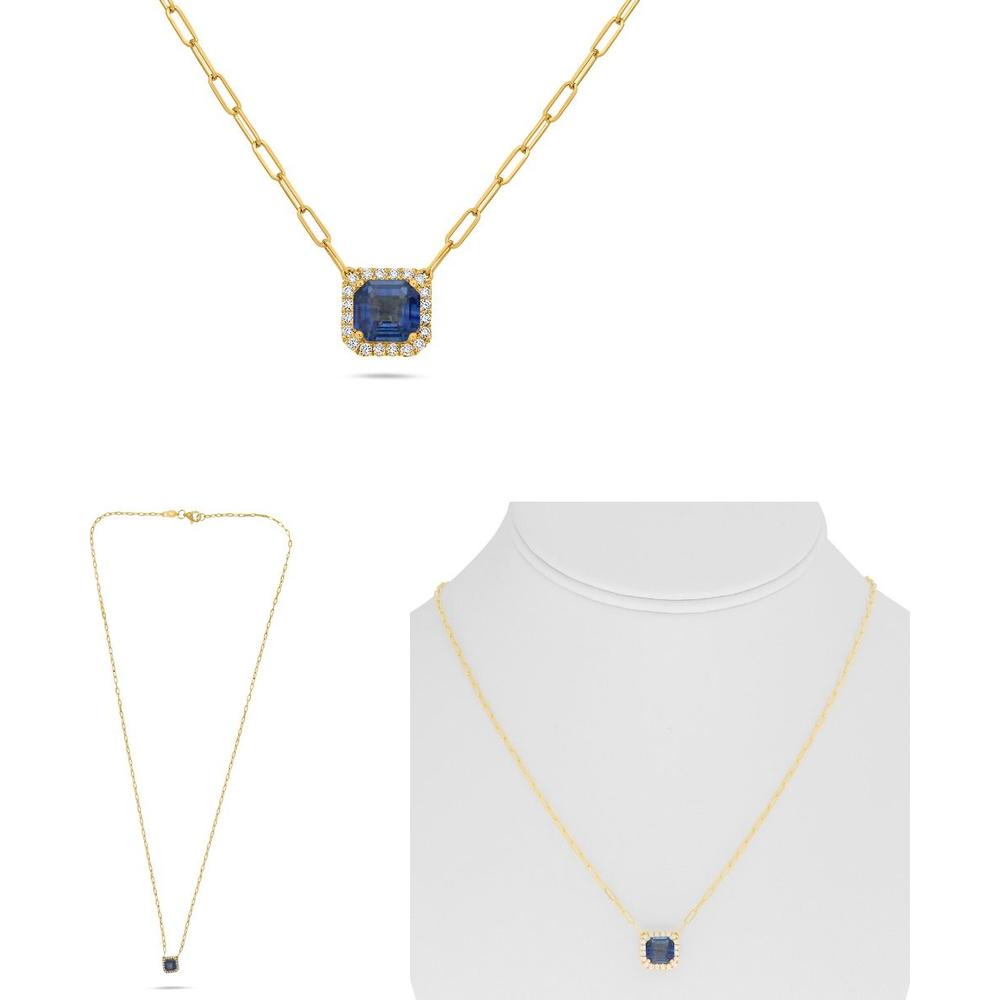 Roman & Jules - 18K Yellow Gold Paperclip Chain Necklace with Radiant Cut Sapphire and Diamond Halo - 1.82 Carat Total Sapphire Weight