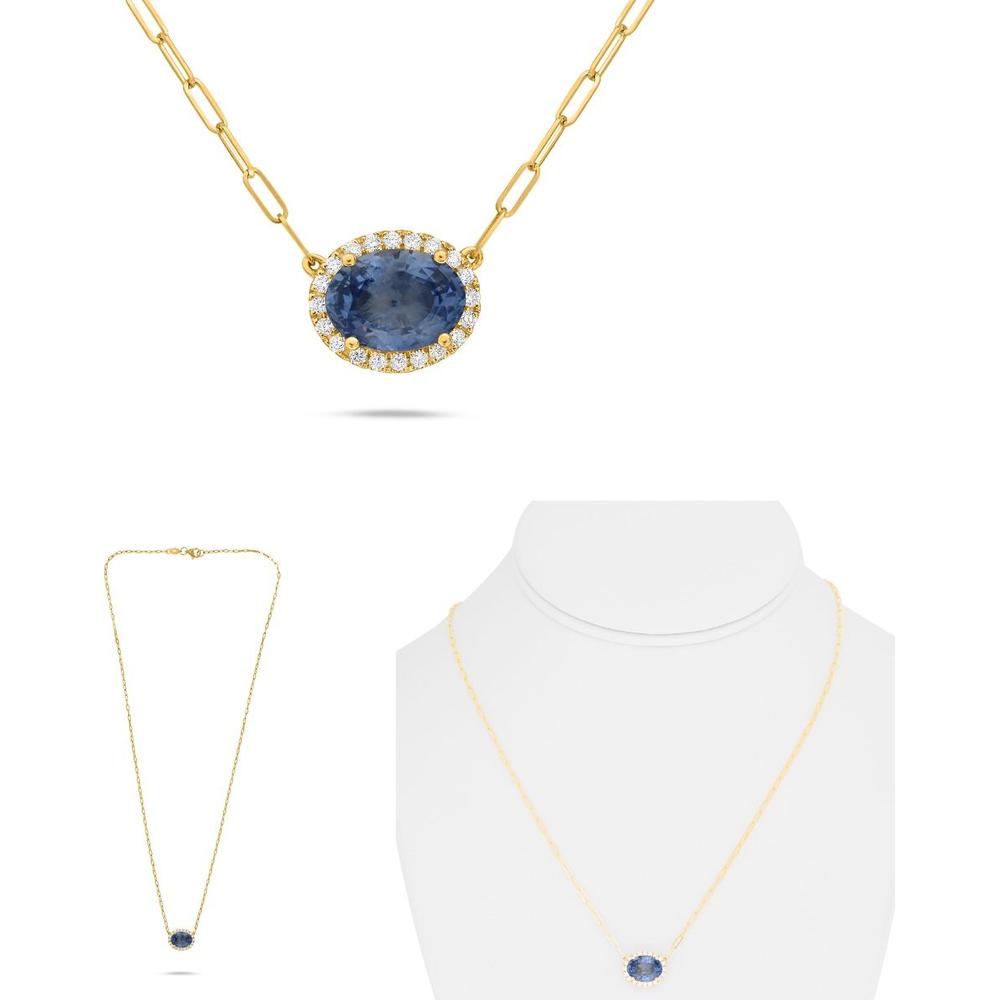 Roman & Jules - 18K Yellow Gold Paperclip Necklace with Oval Sapphire and Round Diamond Halo - 2.44 Carat Sapphire, 0.15 Carat Total Diamond Weight