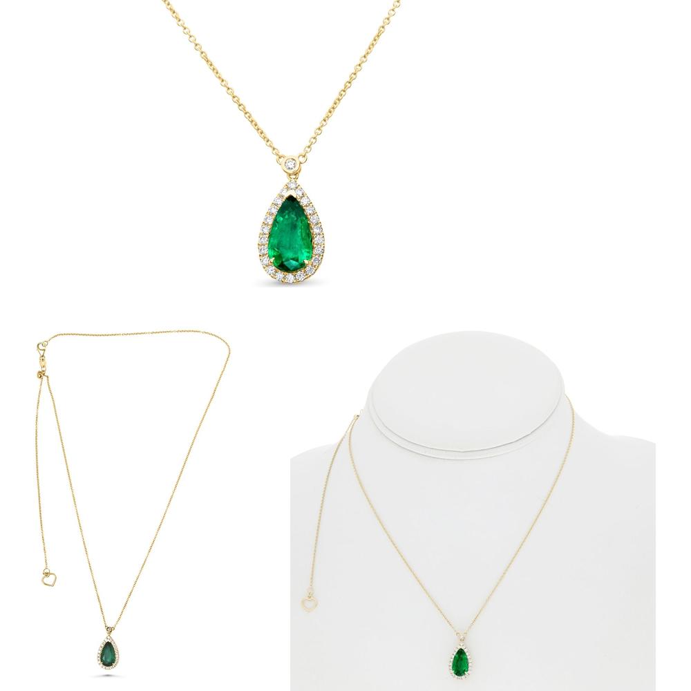Roman & Jules - 18K Yellow Gold Pear-Shaped Emerald Necklace with Halo Round Diamonds - 1.86 Carat Total Emerald Weight